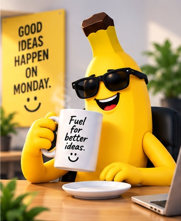 Banana mascot drinking coffee