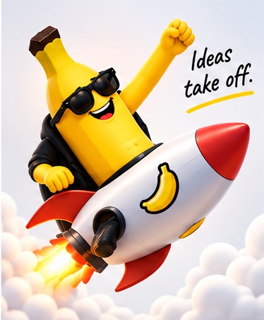 Banana mascot launching a product on a rocket