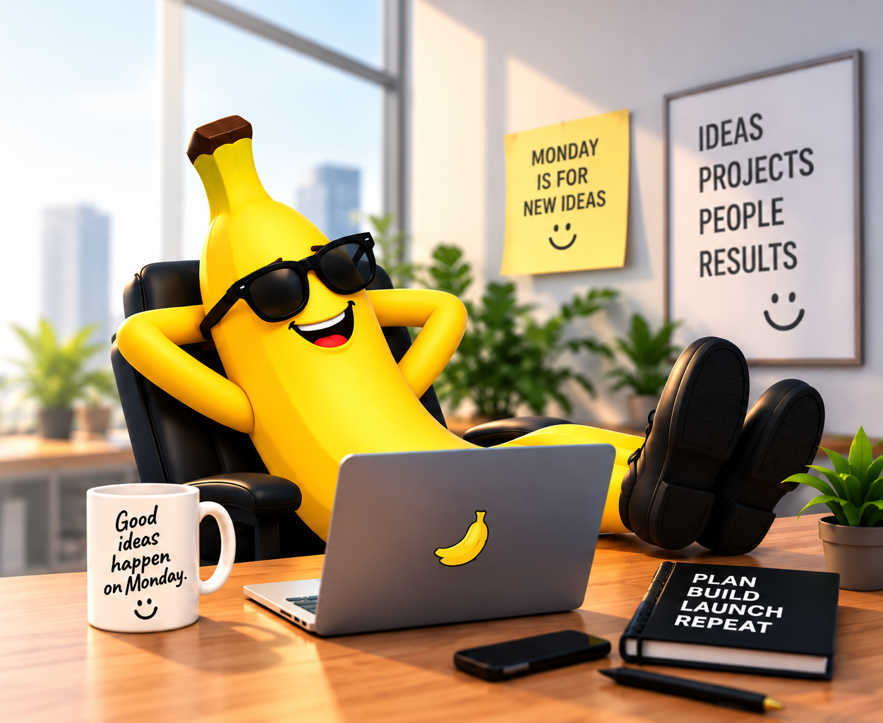 Banana on Monday mascot relaxing at a desk in a sunny office with a laptop and coffee