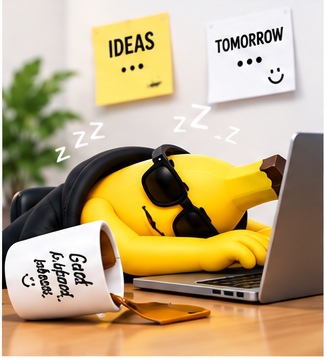Banana mascot asleep at a keyboard